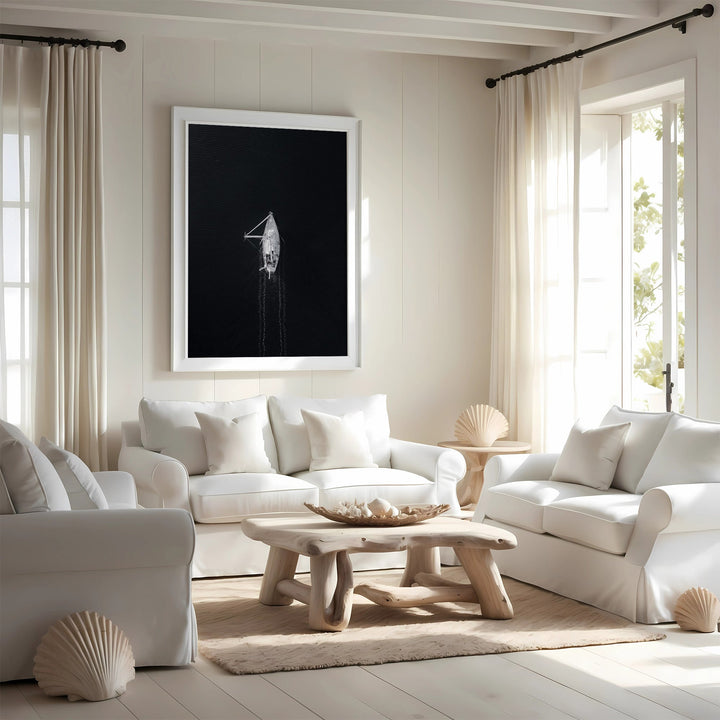 Modern living room with white furniture, a wooden coffee table, and decorative elements.