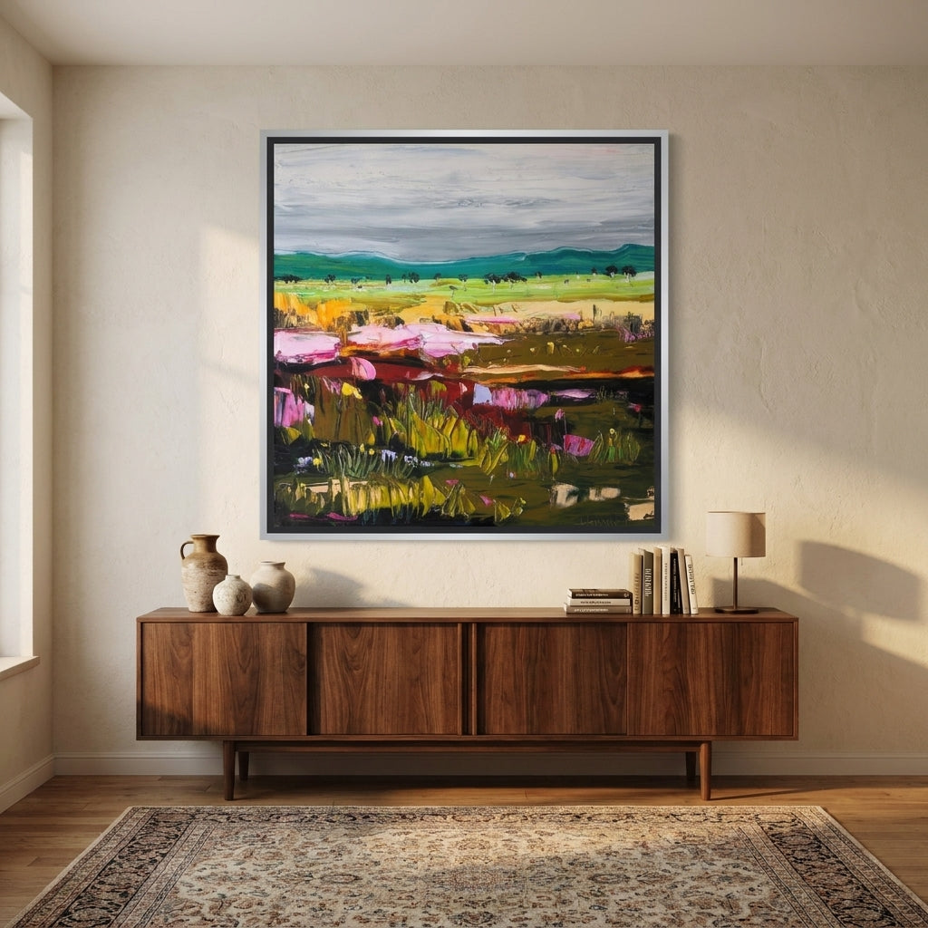 Canvas wall art with a silver leaf surround styled in a neutral living room