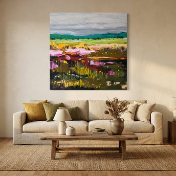 Stretched canvas wall art styled in a neutral living room