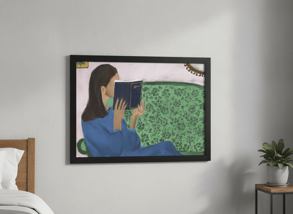Minimalist artwork displayed in a calm, light-filled bedroom interior