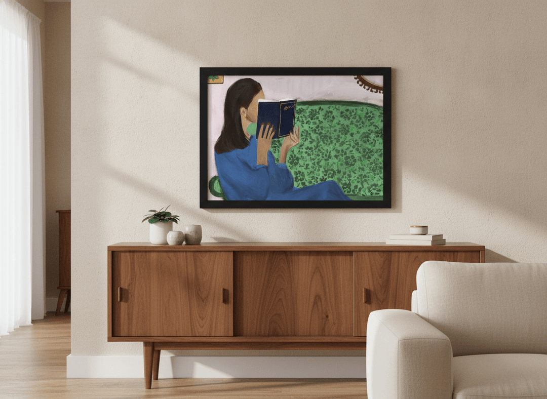 Artwork displayed above a credenza in a real-looking contemporary home