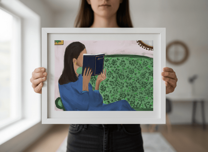 Person showcasing the artwork against a clean modern interior wall