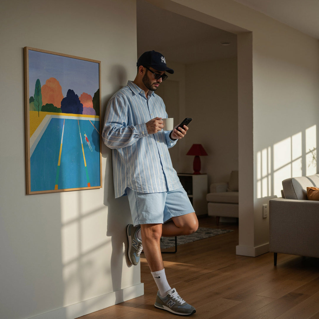 Man in a living room using a smartphone, wearing a cap and sunglasses.