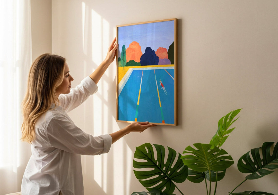 Woman adjusting a colorful painting on a wall with plants in the foreground
