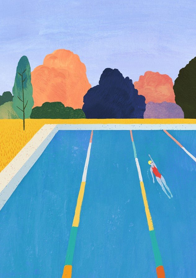 Artistic depiction of a swimmer in a pool with colorful trees and sky in the background, framed