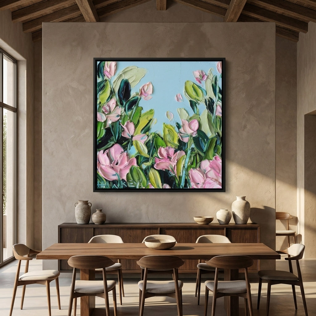 Oversized statement canvas wall art with a black surround styled in a contemporary dining room