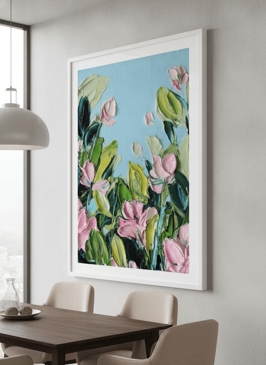 Wall art styled above a dining table in a contemporary home