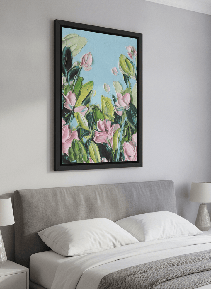 Minimalist artwork displayed in a calm, light-filled bedroom interior