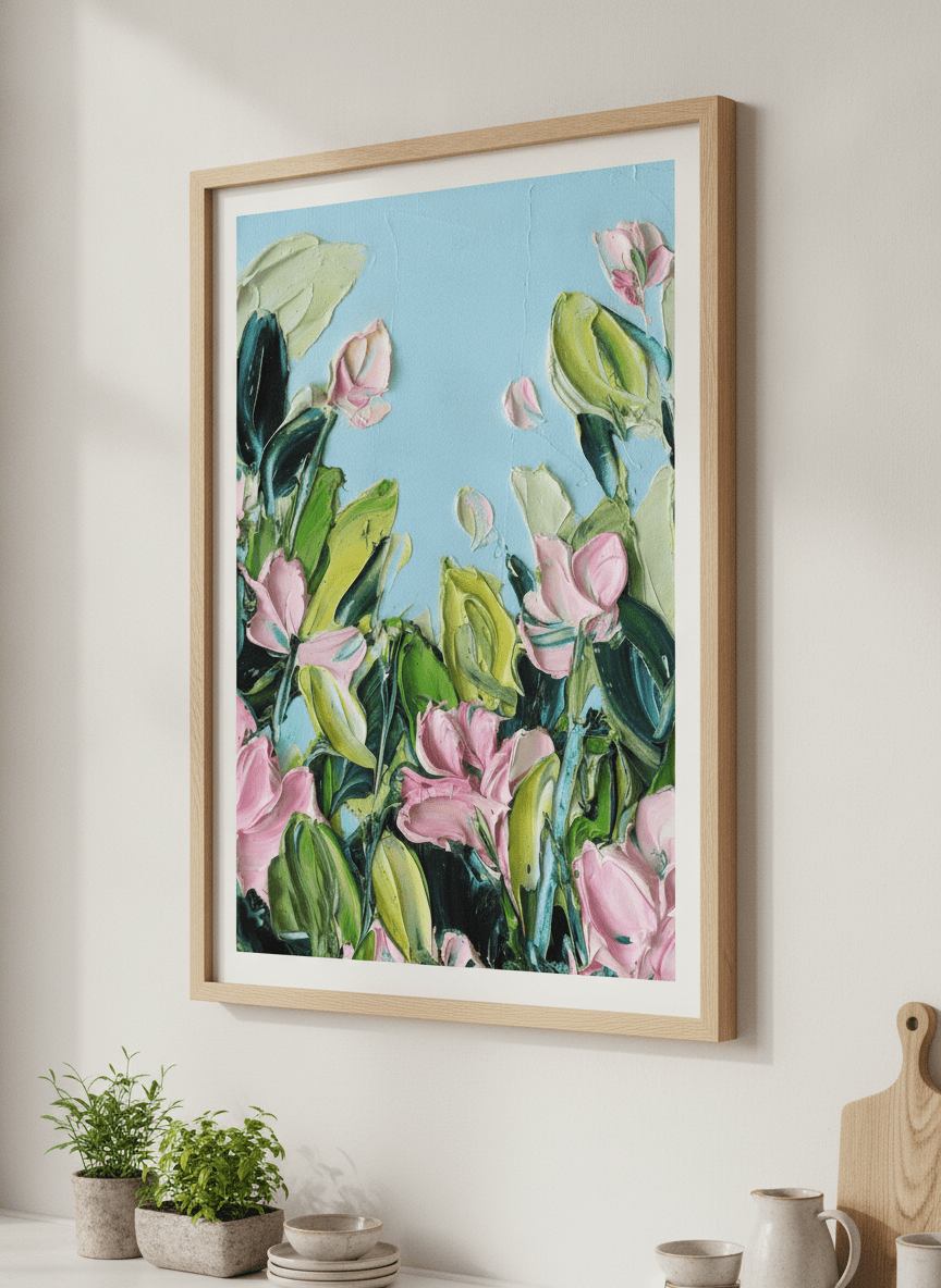 Artwork styled on the wall of a bright modern kitchen