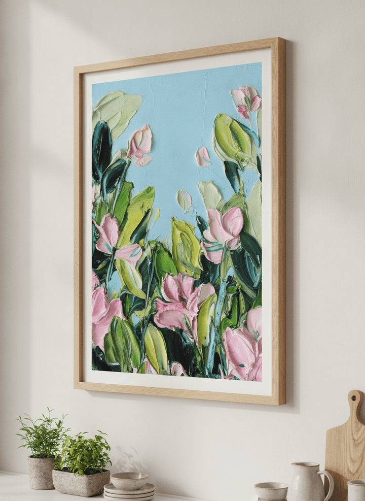 Artwork styled on the wall of a bright modern kitchen
