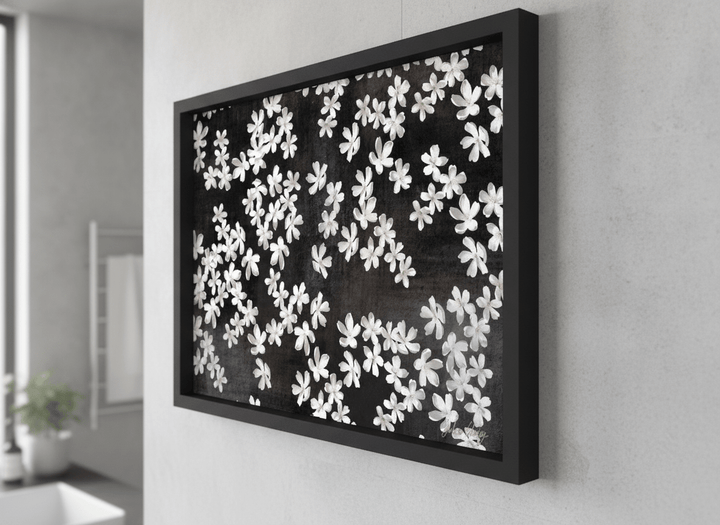 Modern print displayed in a clean minimalist bathroom setting