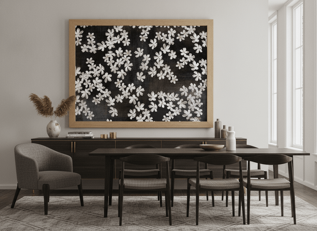 Monumental artwork centred on a feature wall in a luxe interior