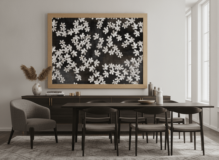 Monumental artwork centred on a feature wall in a luxe interior