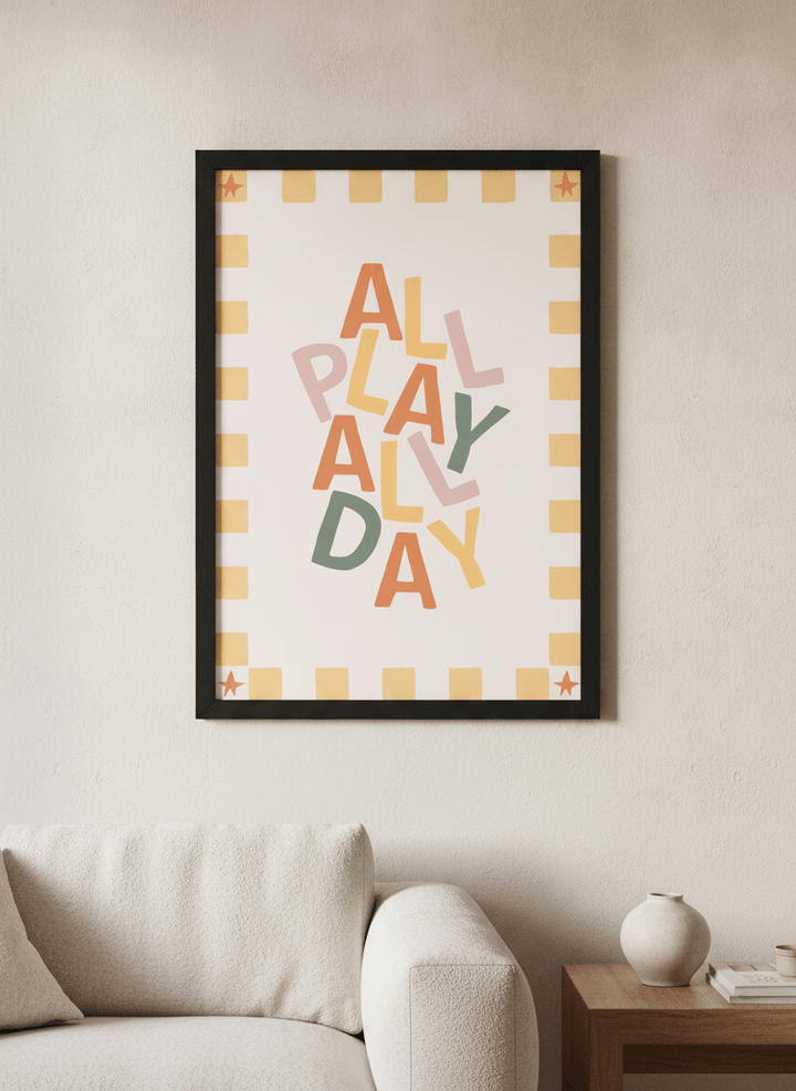 Modern wall art styled above a sofa in a neutral living room