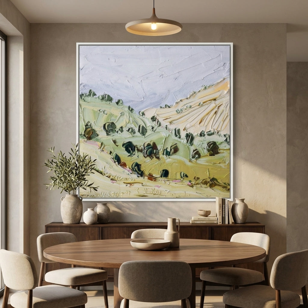 Oversized statement canvas wall art with a white surround styled in a contemporary dining room