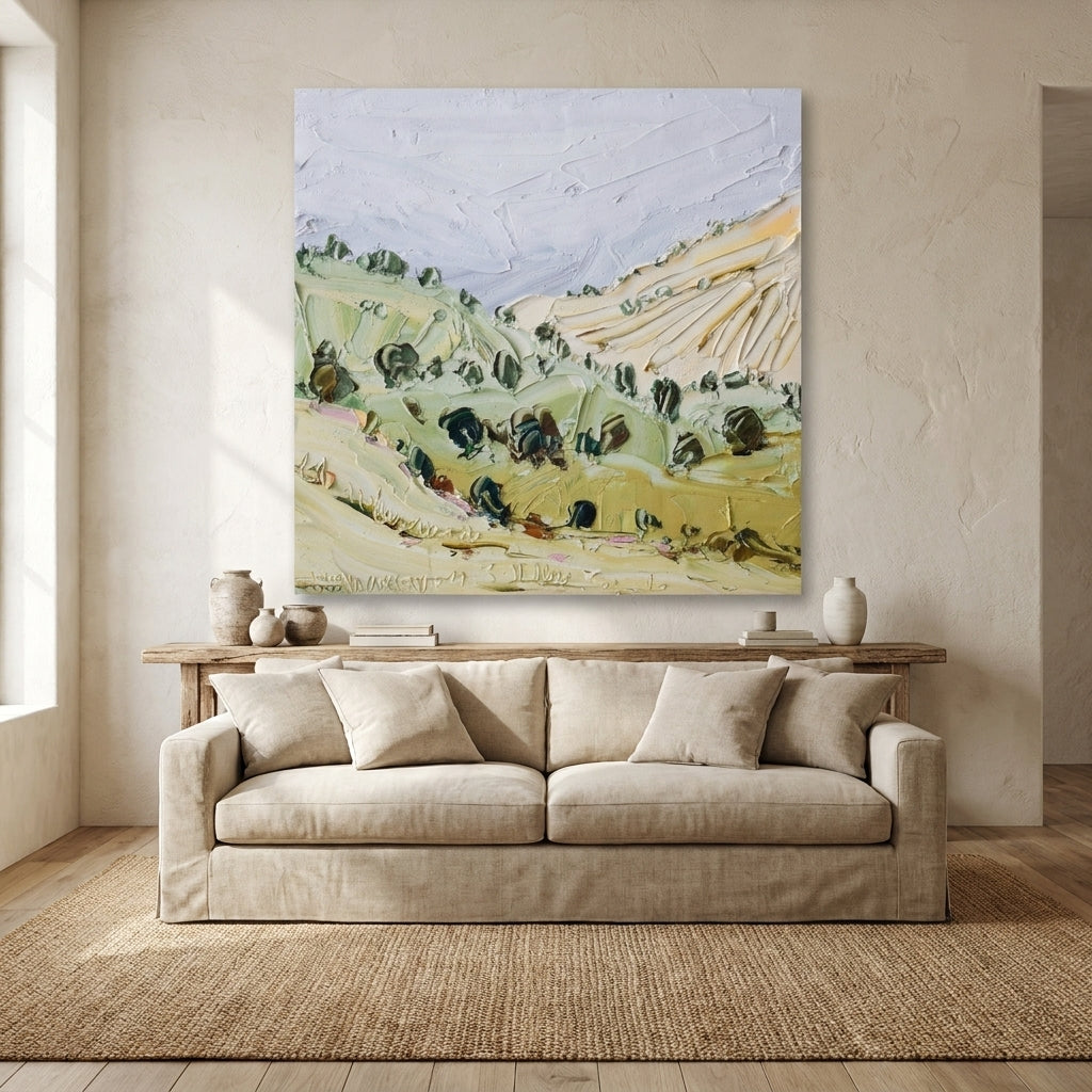 Stretched canvas wall art styled in a neutral living room