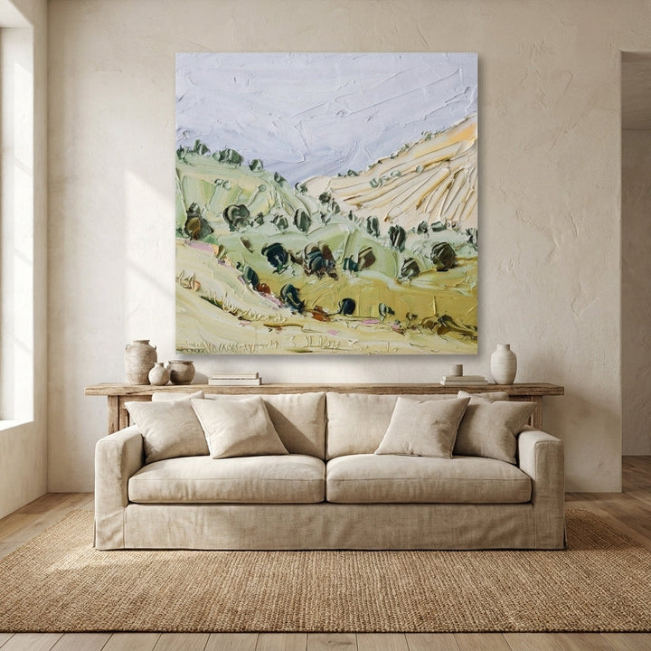Stretched canvas wall art styled in a neutral living room
