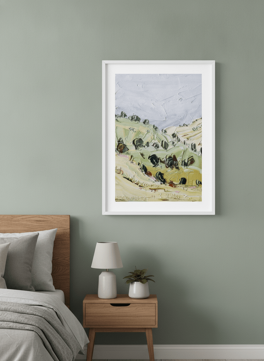Minimalist artwork displayed in a calm, light-filled bedroom interior