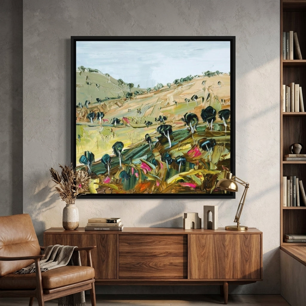 Canvas wall art with a black surround styled in a bright modern office