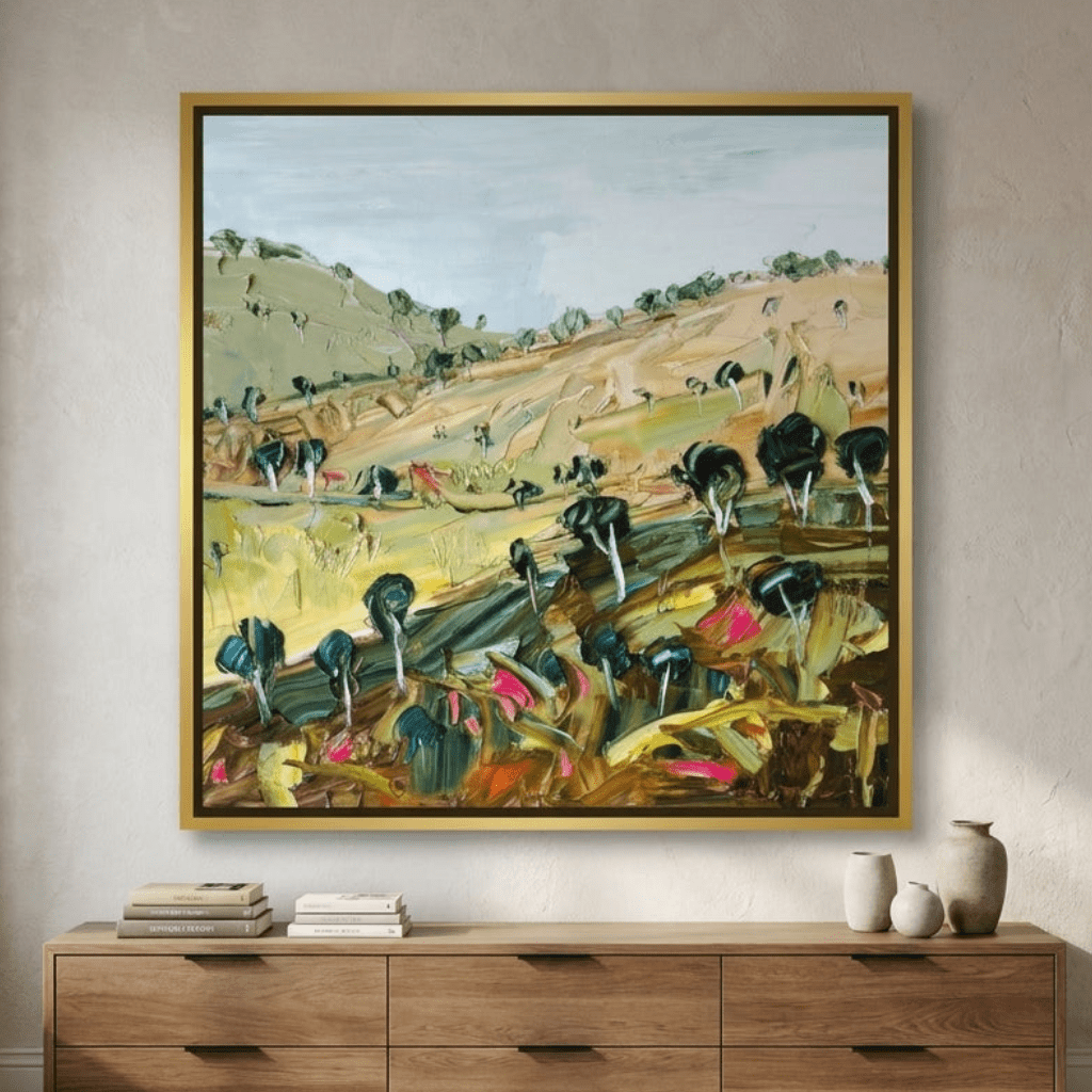 Oversized statement canvas wall art with a gold leaf surround styled in a luxe interior