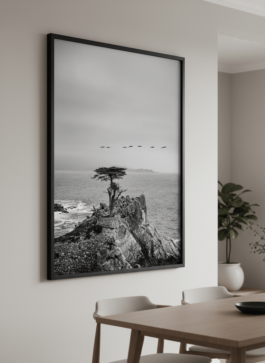 Wall art styled above a dining table in a contemporary home