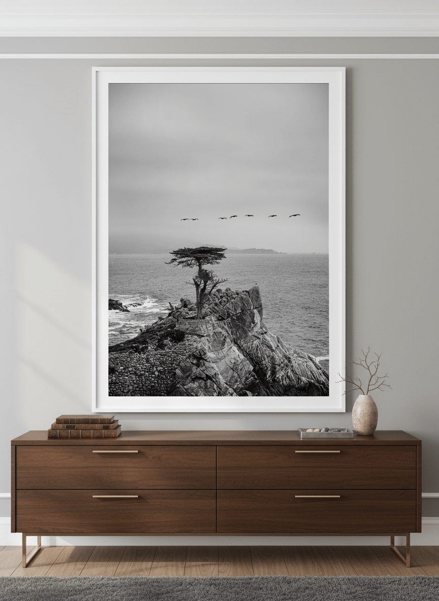 Monumental artwork centred on a feature wall in a luxe interior