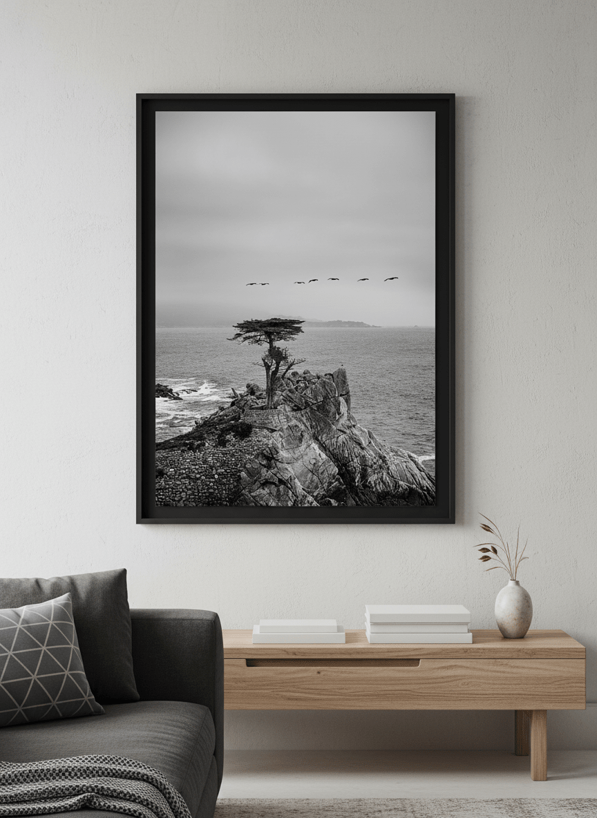Modern wall art styled above a sofa in a neutral living room