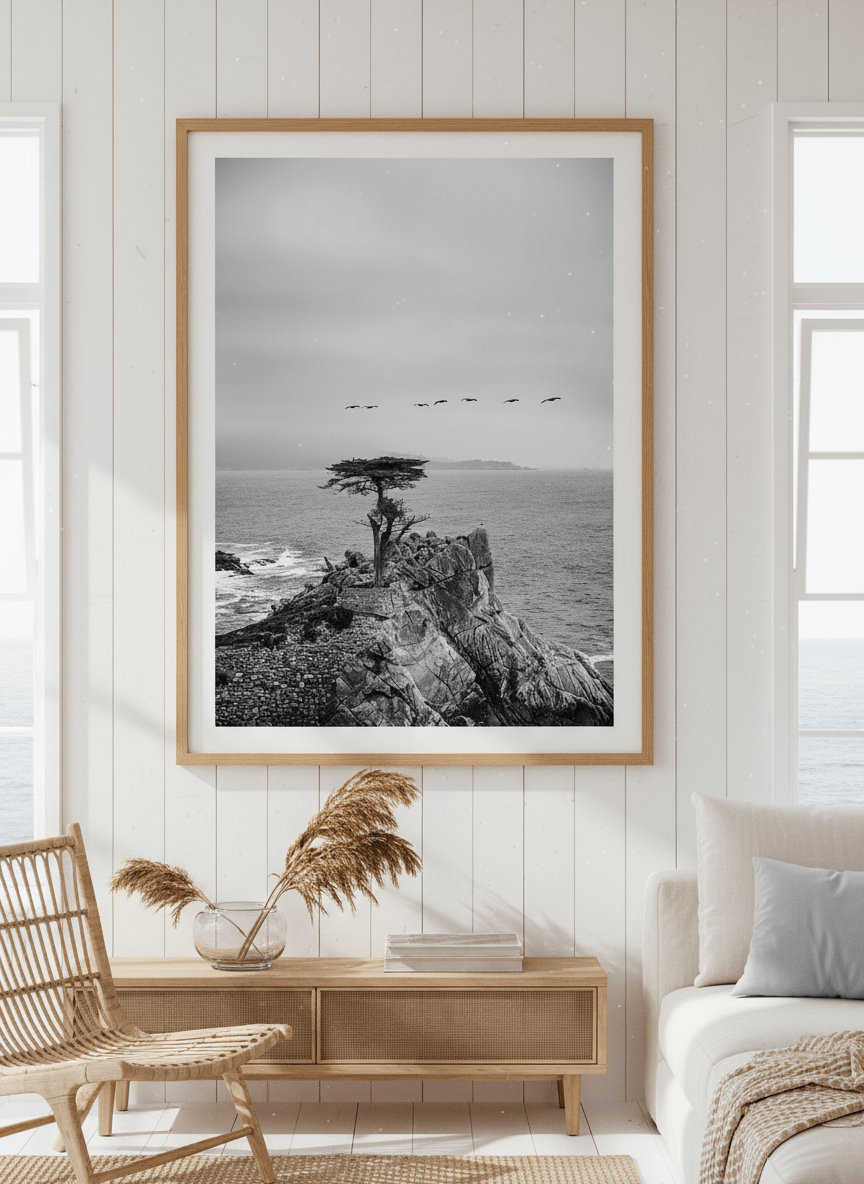 Neutral wall art displayed in a sunny coastal beach house