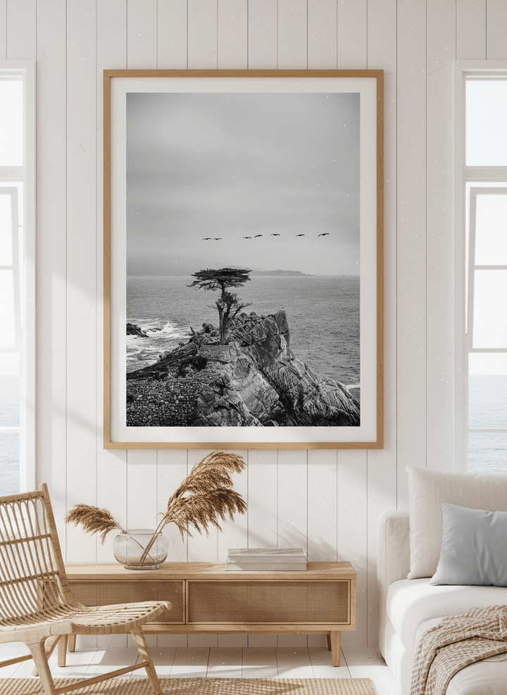 Neutral wall art displayed in a sunny coastal beach house