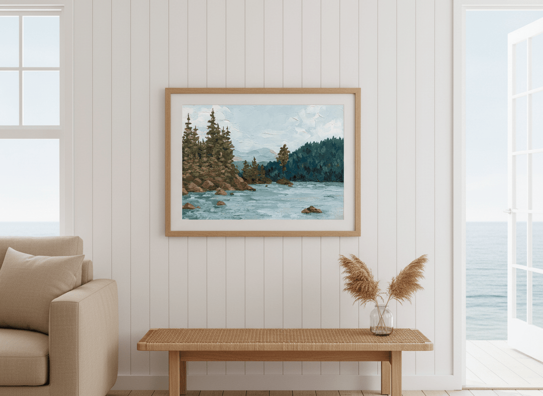 Neutral wall art displayed in a sunny coastal beach house