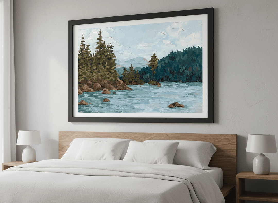 Minimalist artwork displayed in a calm, light-filled bedroom interior