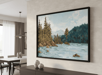 Wall art styled above a dining table in a contemporary home