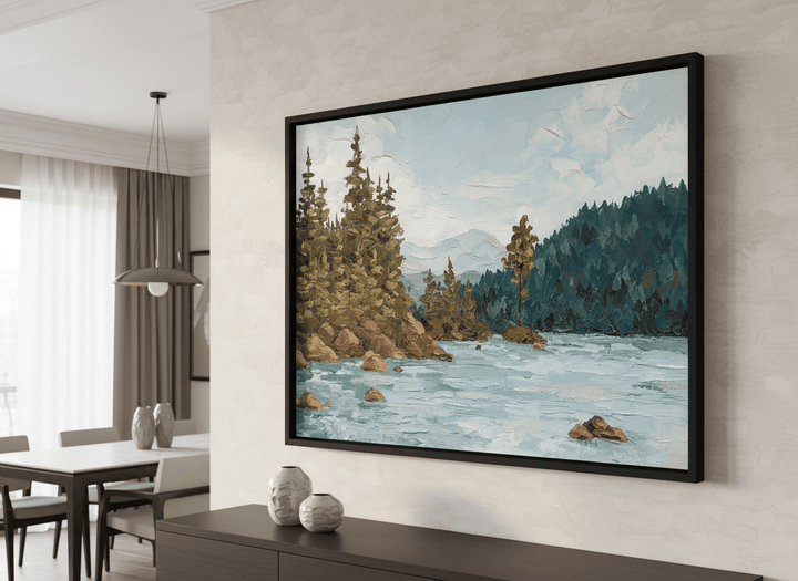 Wall art styled above a dining table in a contemporary home