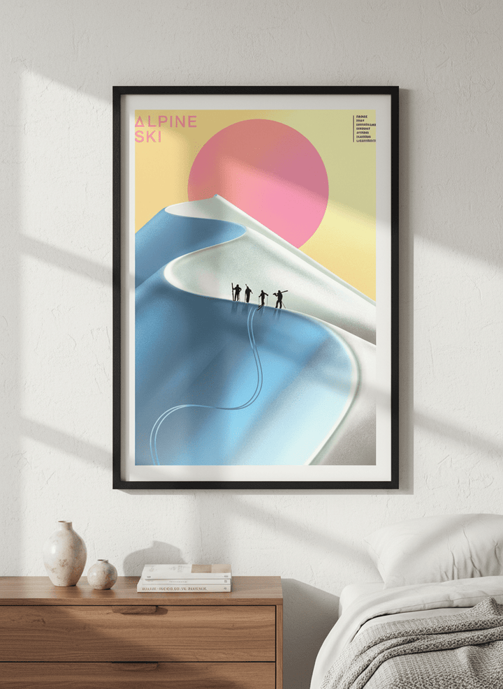 Minimalist artwork displayed in a calm, light-filled bedroom interior