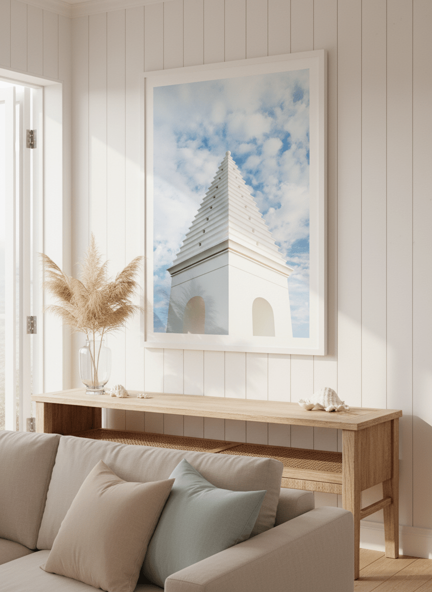 Neutral wall art displayed in a sunny coastal beach house