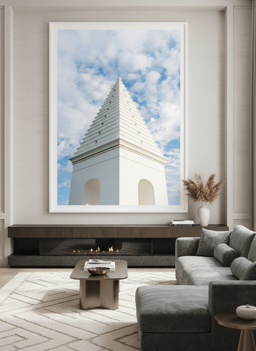 Monumental artwork centred on a feature wall in a luxe interior