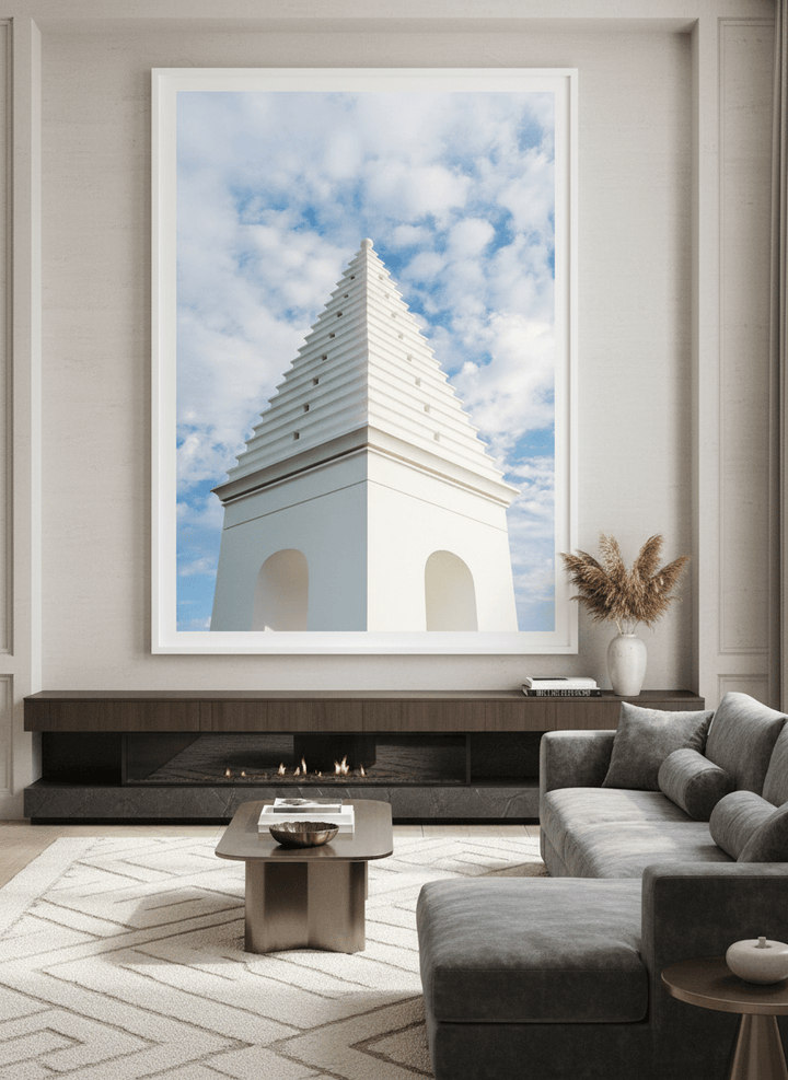 Monumental artwork centred on a feature wall in a luxe interior