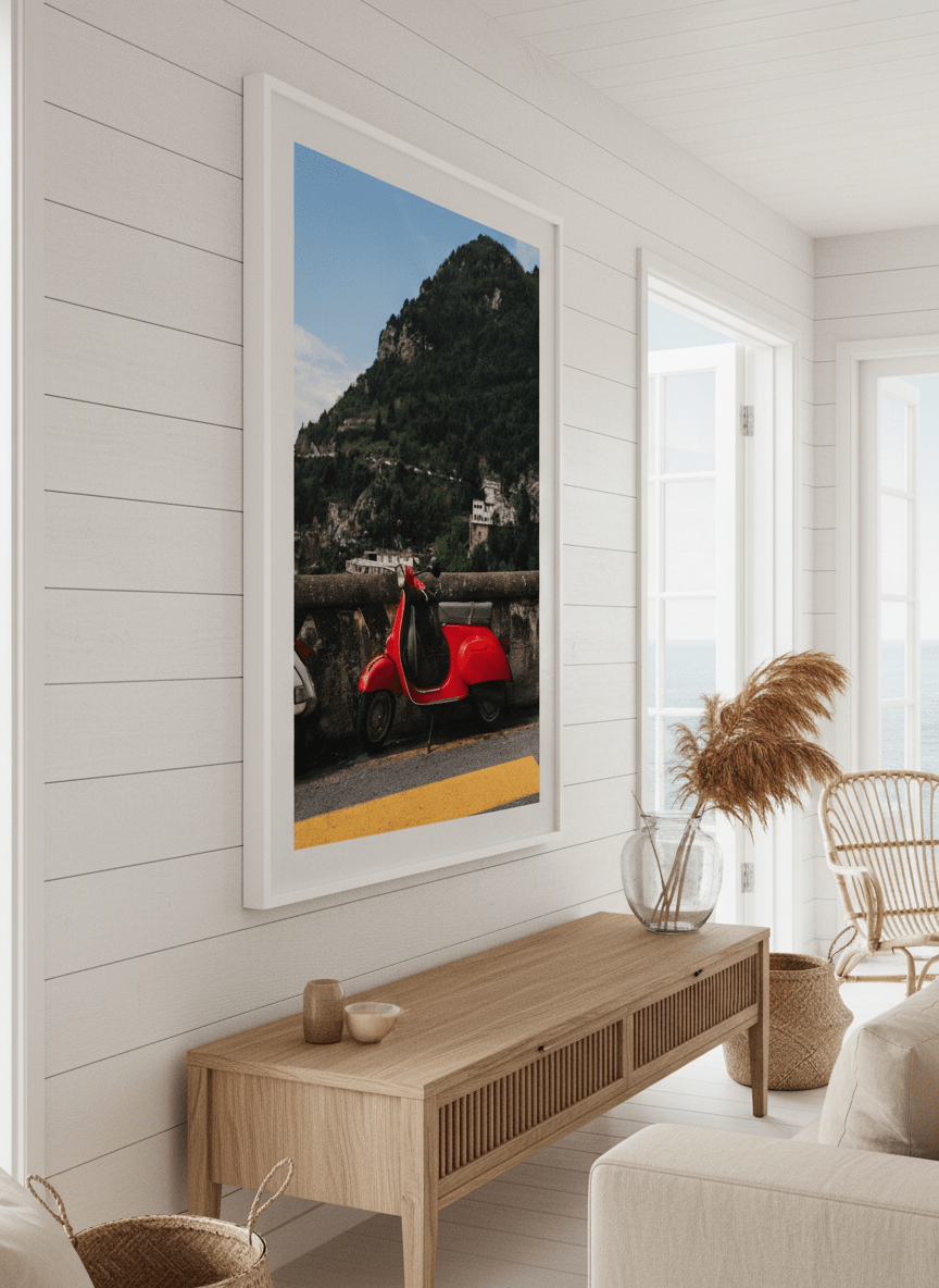 Neutral wall art displayed in a sunny coastal beach house