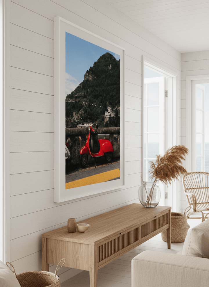 Neutral wall art displayed in a sunny coastal beach house