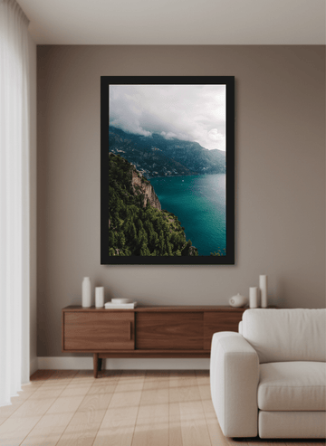 Modern wall art styled above a sofa in a neutral living room