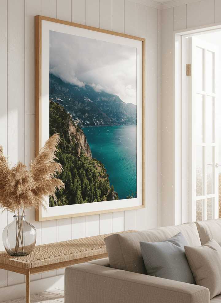 Neutral wall art displayed in a sunny coastal beach house
