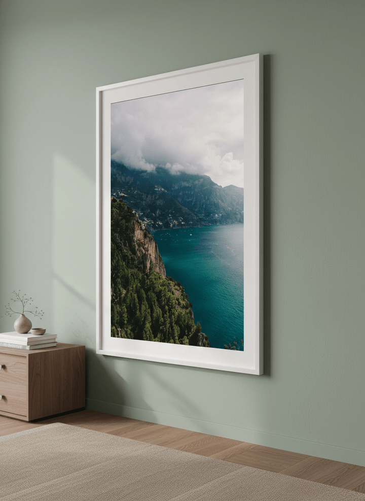 Minimalist artwork displayed in a calm, light-filled bedroom interior
