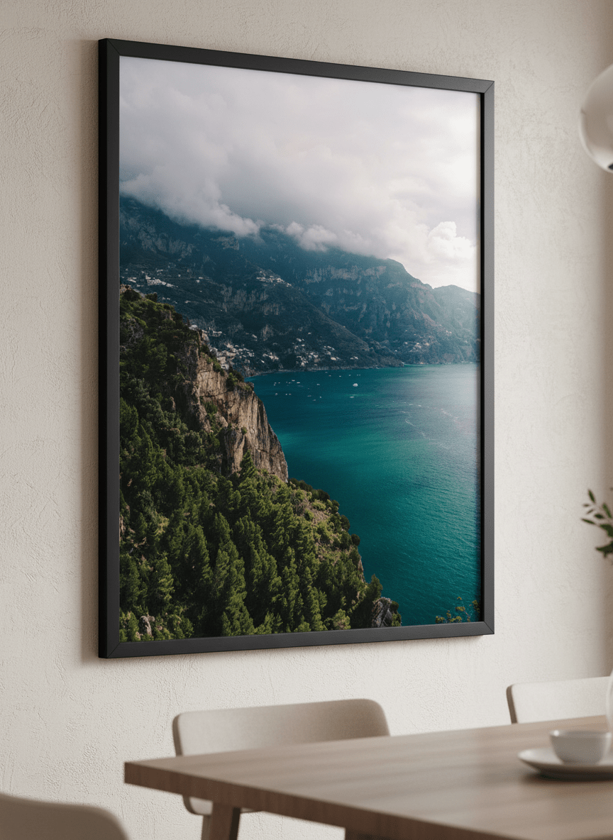 Wall art styled above a dining table in a contemporary home