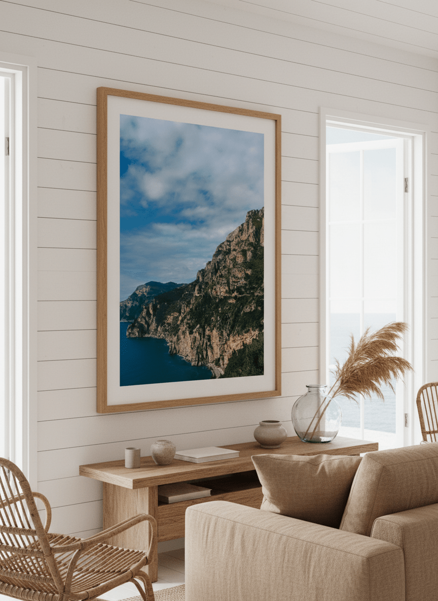 Neutral wall art displayed in a sunny coastal beach house