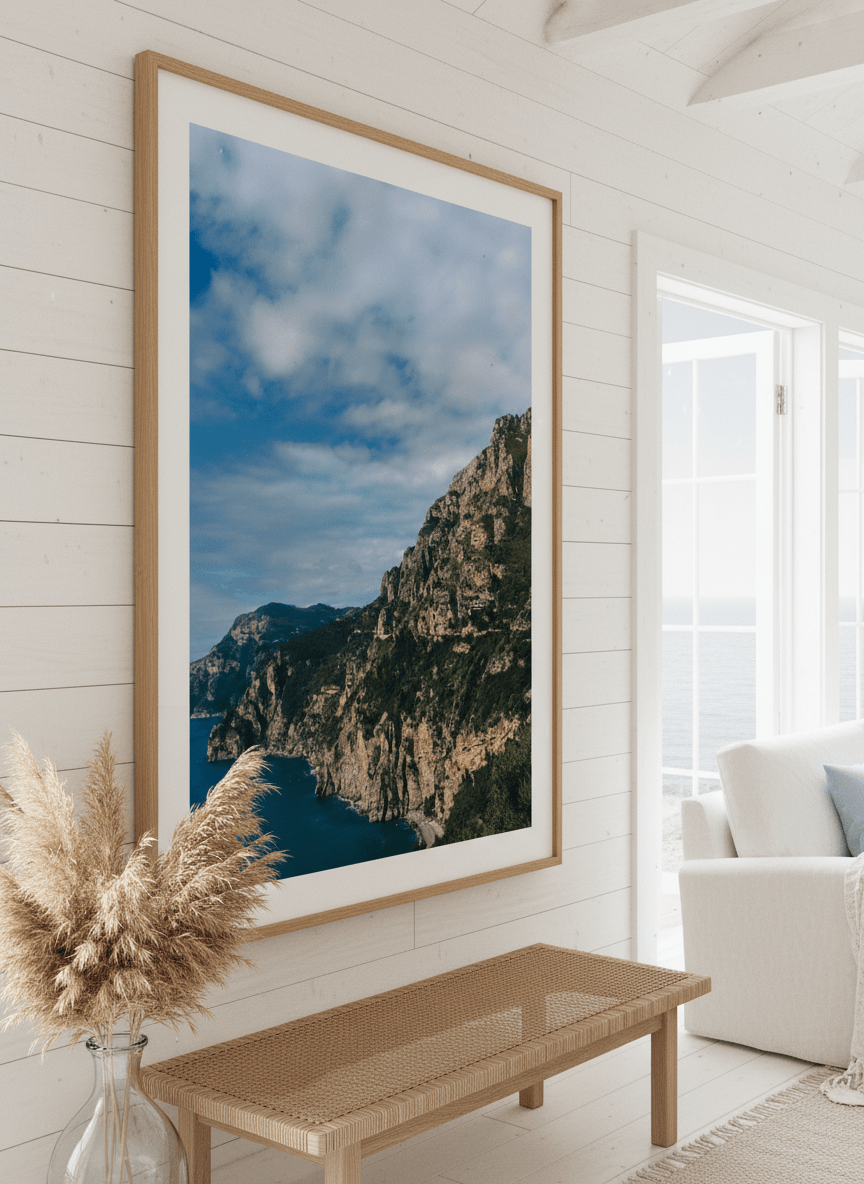 Neutral wall art displayed in a sunny coastal beach house