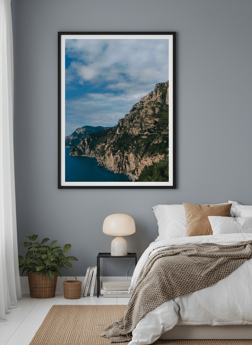 Minimalist artwork displayed in a calm, light-filled bedroom interior