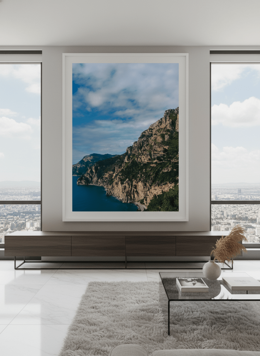 Monumental artwork centred on a feature wall in a luxe interior