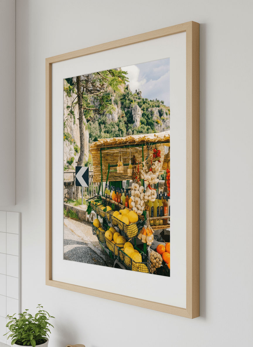 Artwork styled on the wall of a bright modern kitchen