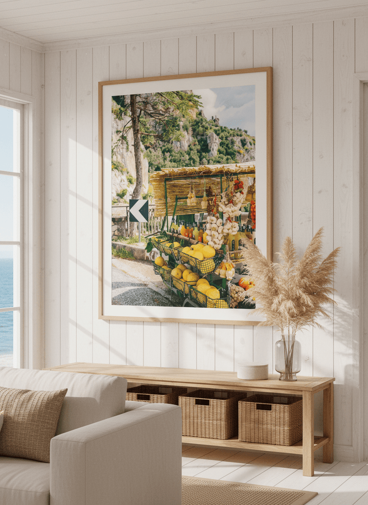 Neutral wall art displayed in a sunny coastal beach house