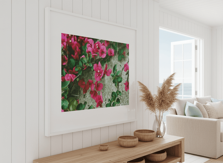 Neutral wall art displayed in a sunny coastal beach house